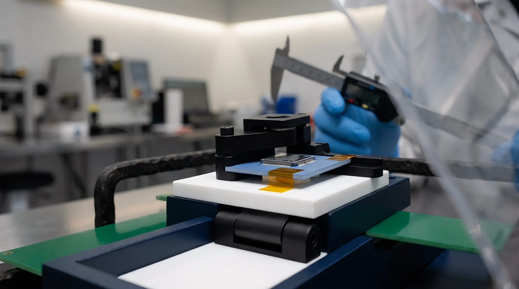 A technician in blue gloves precisely measures a small integrated circuit mounted on a flexible circuit board within a laboratory test fixture.