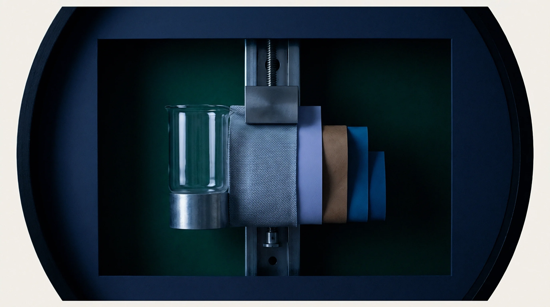 A laboratory apparatus displays a glass beaker and various material samples, including textured fabric and colored strips, held by a clamp on a vertical track.