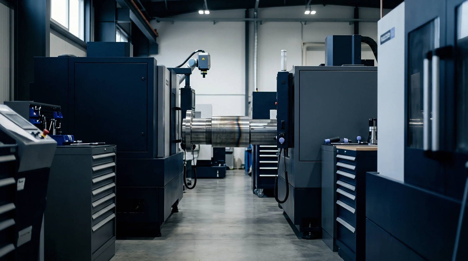 Large industrial CNC machining centers secure a cylindrical metal workpiece within a controlled production facility for high precision manufacturing and material integration processes.