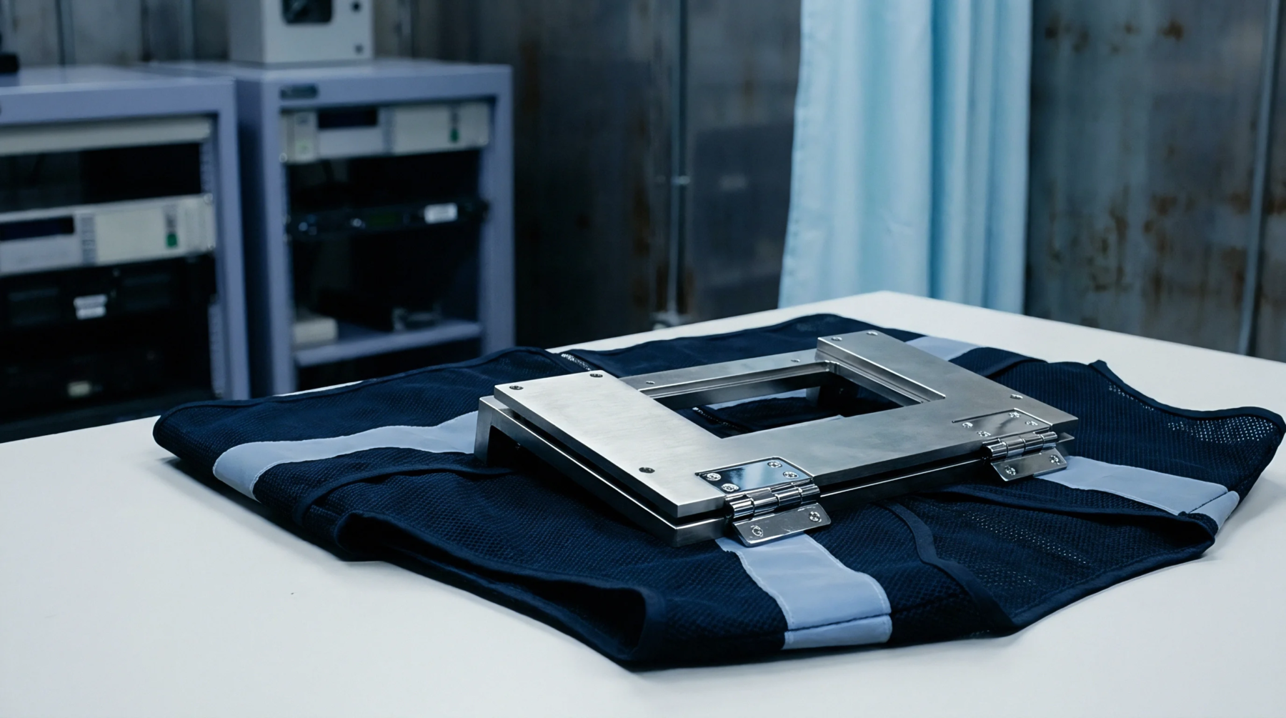 A metal mounting frame with hinges rests on a navy blue reflective safety vest on a white laboratory table.