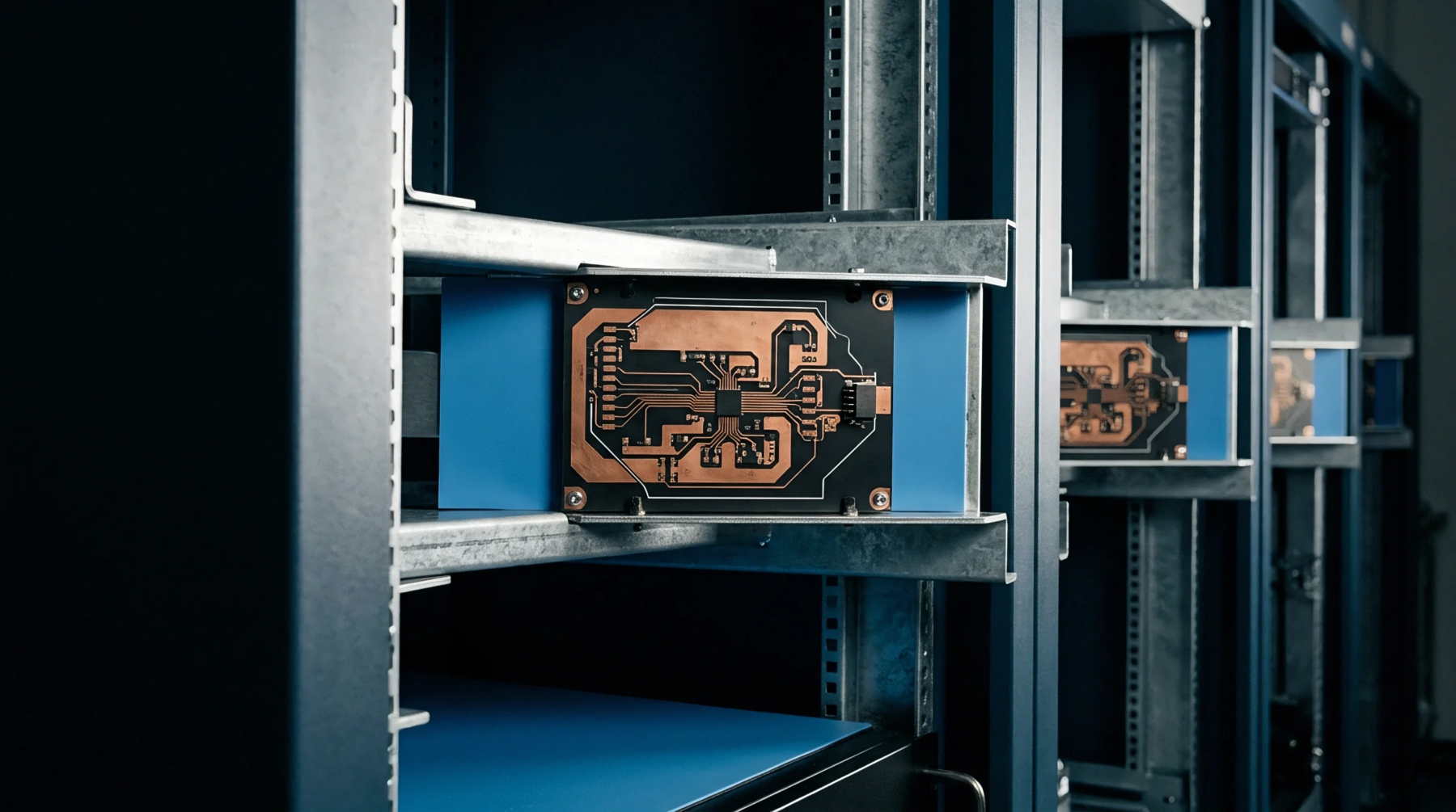 Multiple custom electronic circuit boards with distinct copper traces are neatly mounted on blue panels within an industrial racking system.