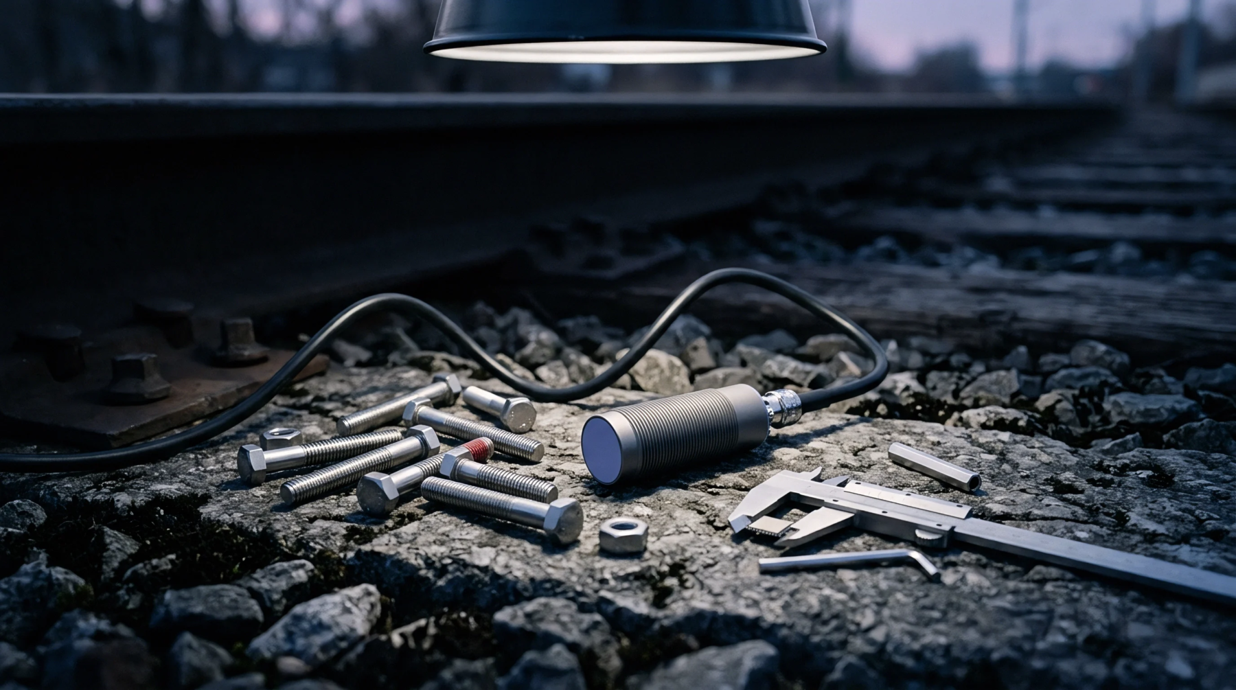 A cylindrical induction sensor lies on railway ballast beside steel fasteners, a vernier caliper, and a hex key beneath overhead directional light.