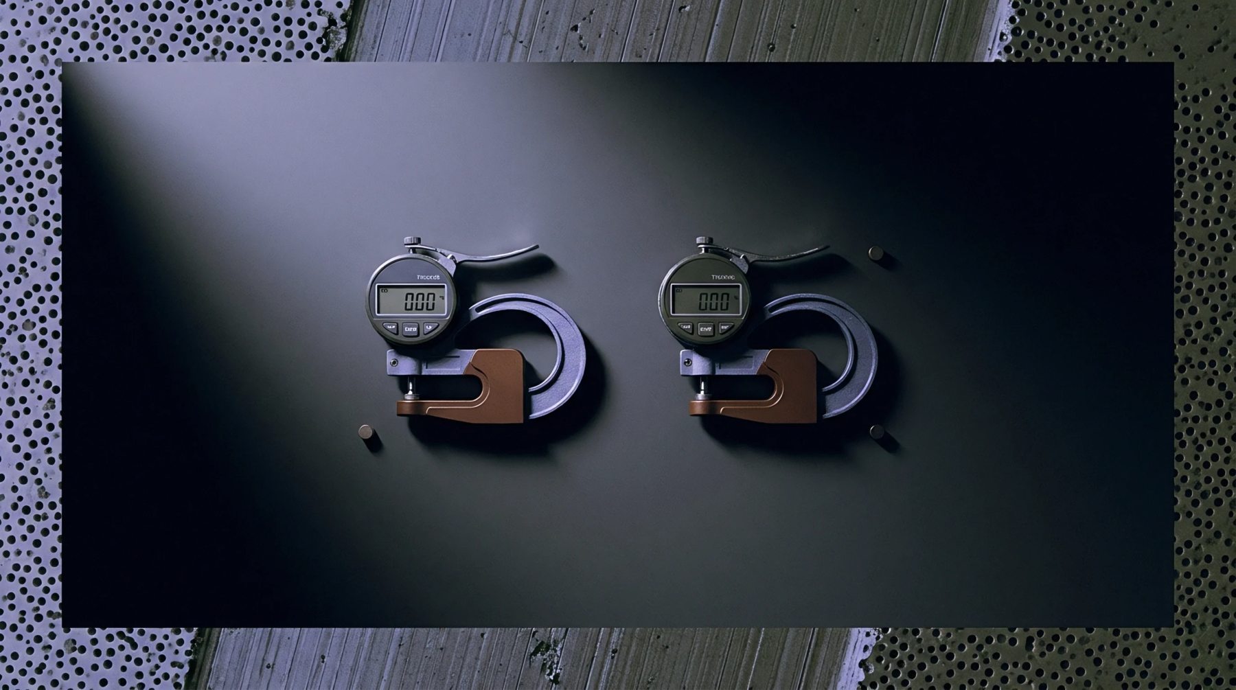 Two digital thickness gauges lie parallel on a dark grey metallic plate with circular metal positioning pins.
