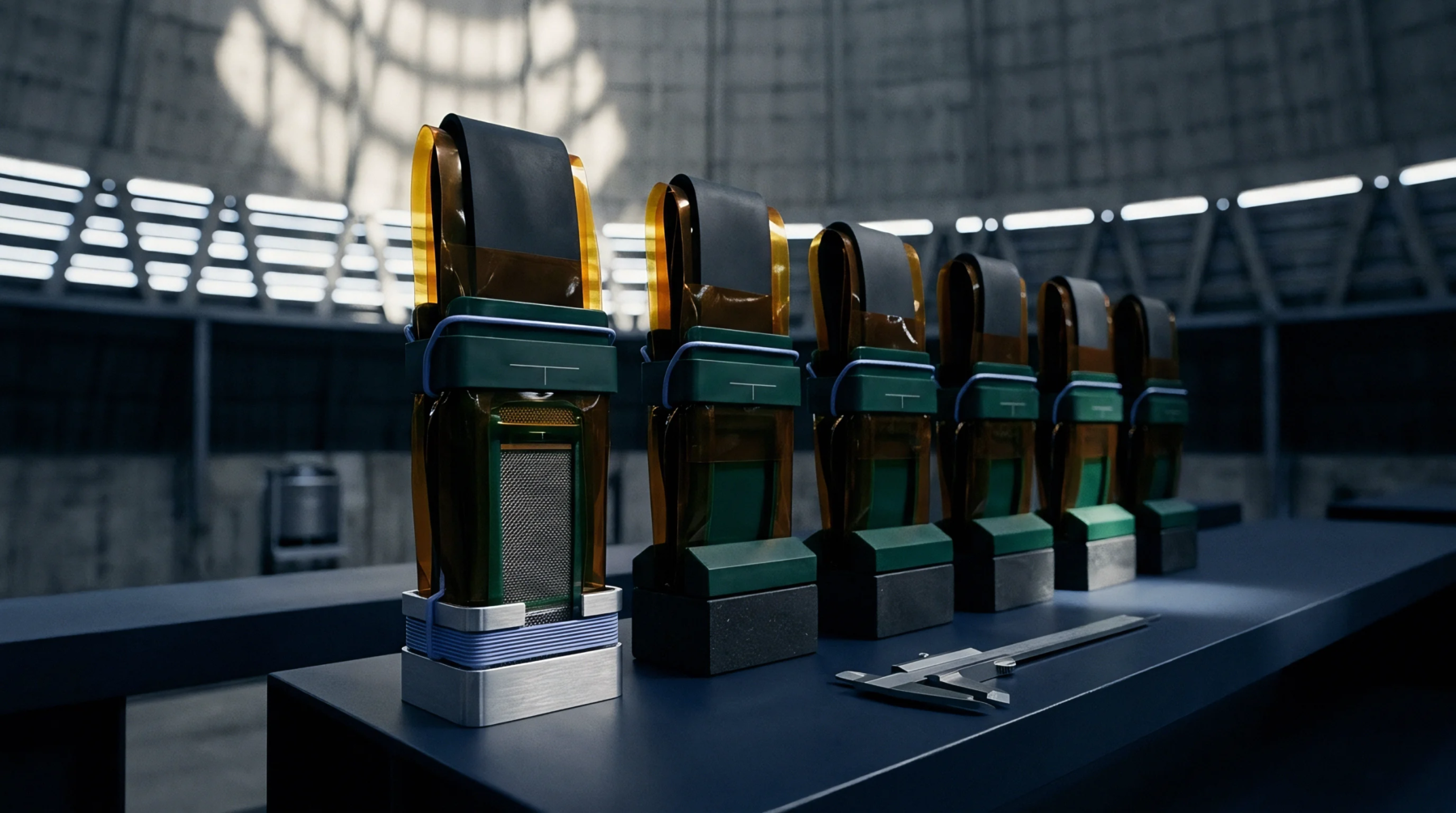 Six identical electronic sensing modules with integrated polyimide flexible circuits and protective polymer housings stand aligned beside a stainless steel vernier caliper.
