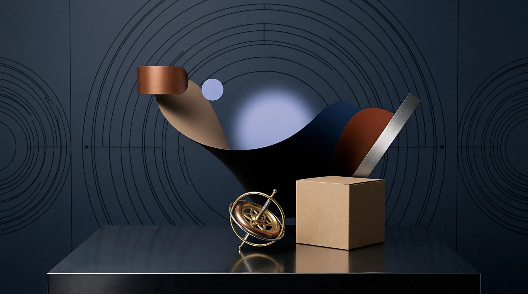 A digital rendering displays a mechanical gyroscope next to a cardboard cube on a reflective metallic surface.