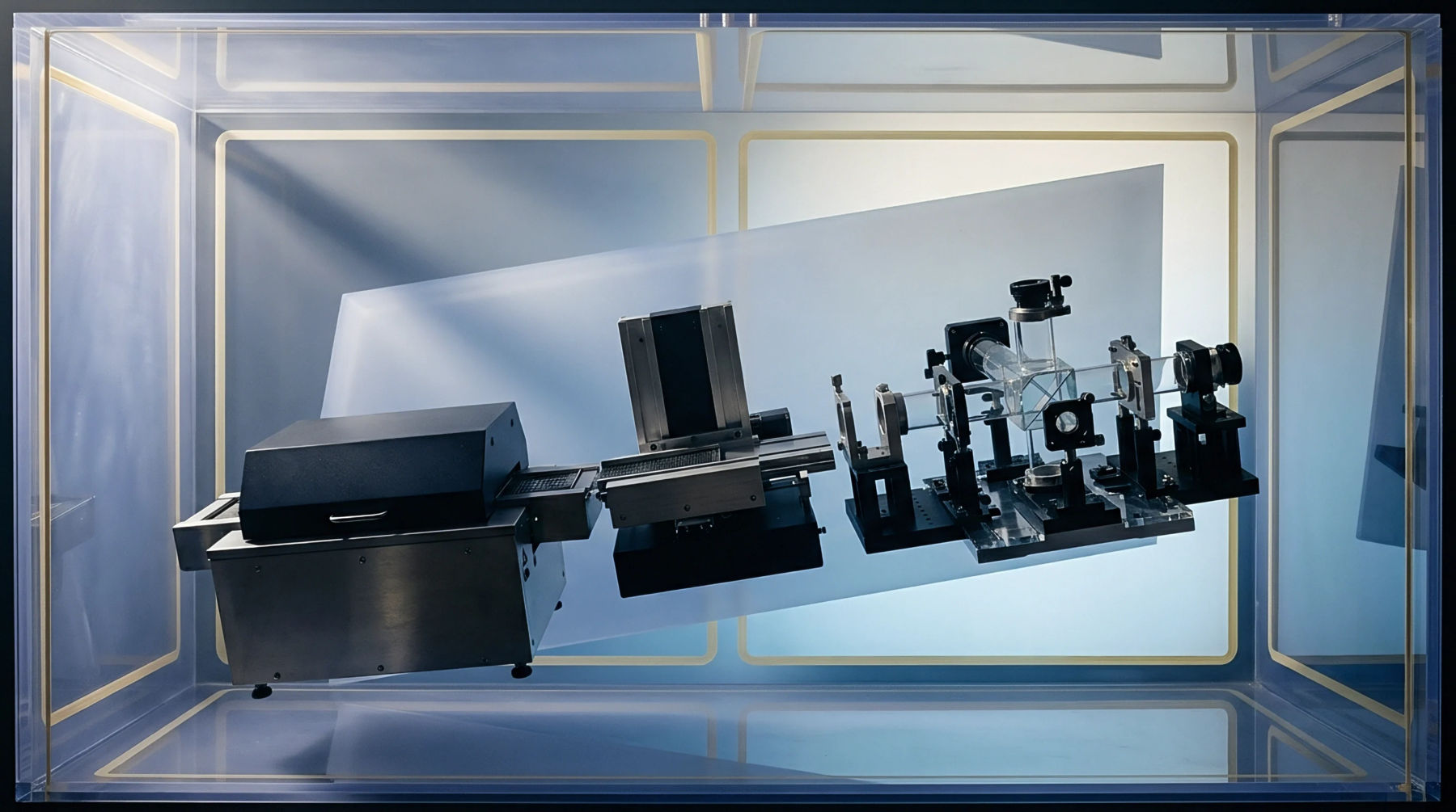 A laboratory optical setup featuring a precision motion stage and a modular array of optical components and detectors within a transparent enclosure.