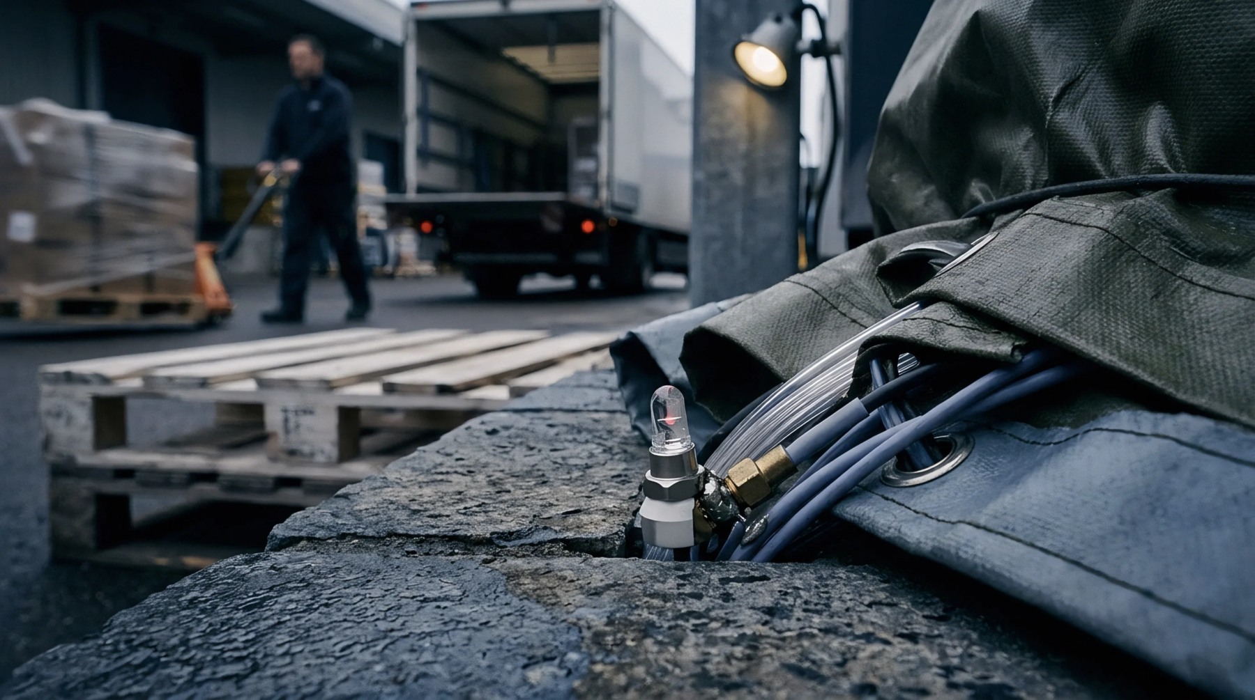 A wired optical sensor rests inside a concrete channel near a tarp covered cargo area in an active warehouse facility.