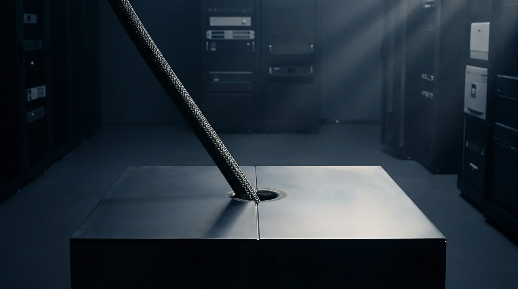A thick braided signal cable penetrates a central circular aperture on a matte metallic enclosure within a darkened server room.