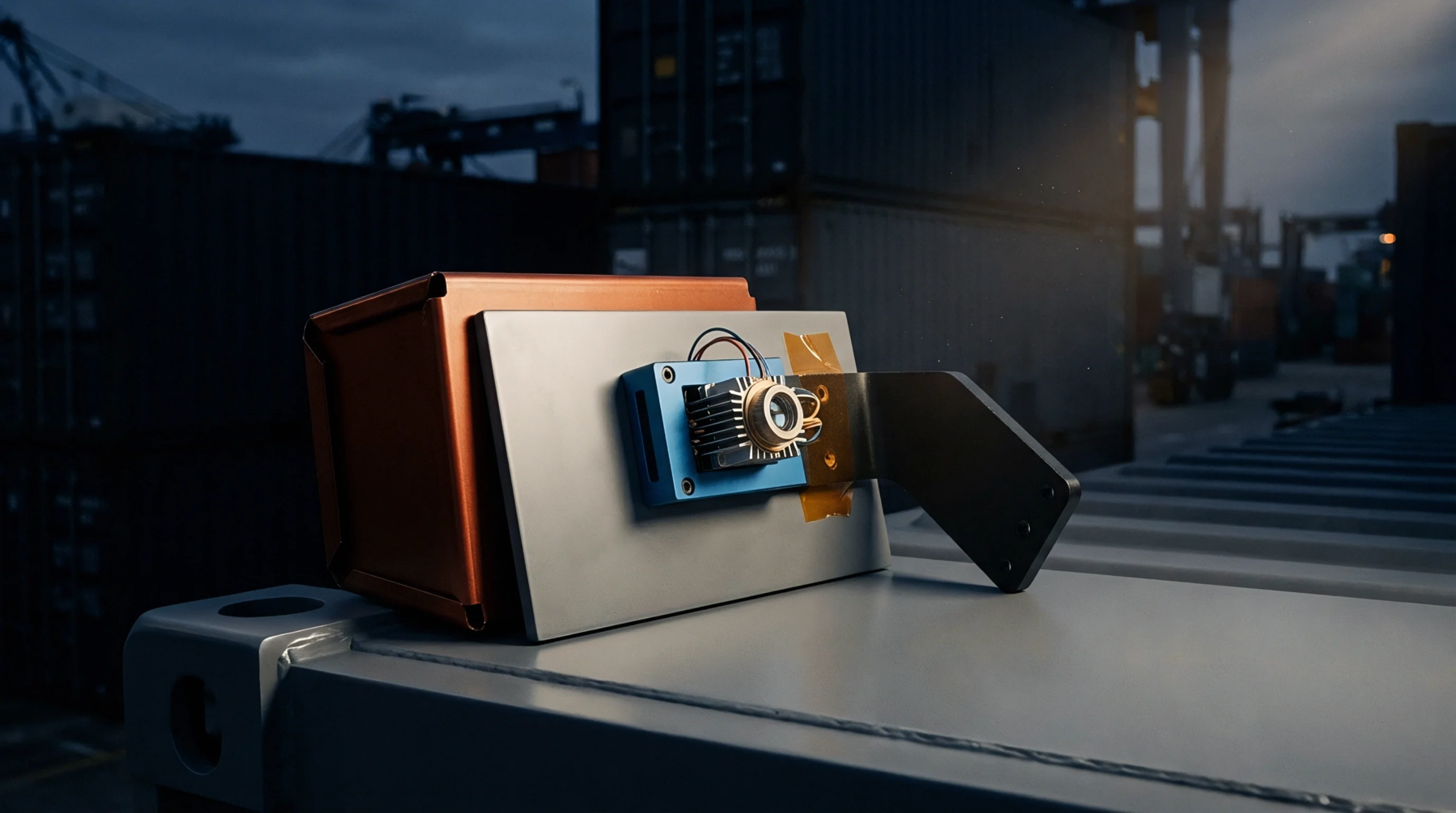 A compact vision sensor with an integrated heat sink and lens assembly mounts to a metal plate on a shipping container.