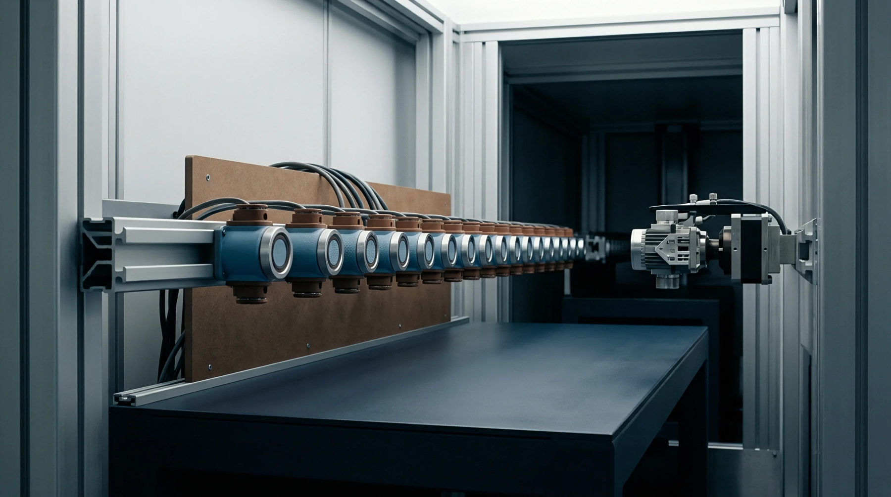 A long array of cylindrical sensing components connects to an aluminum rail in a controlled testing environment.