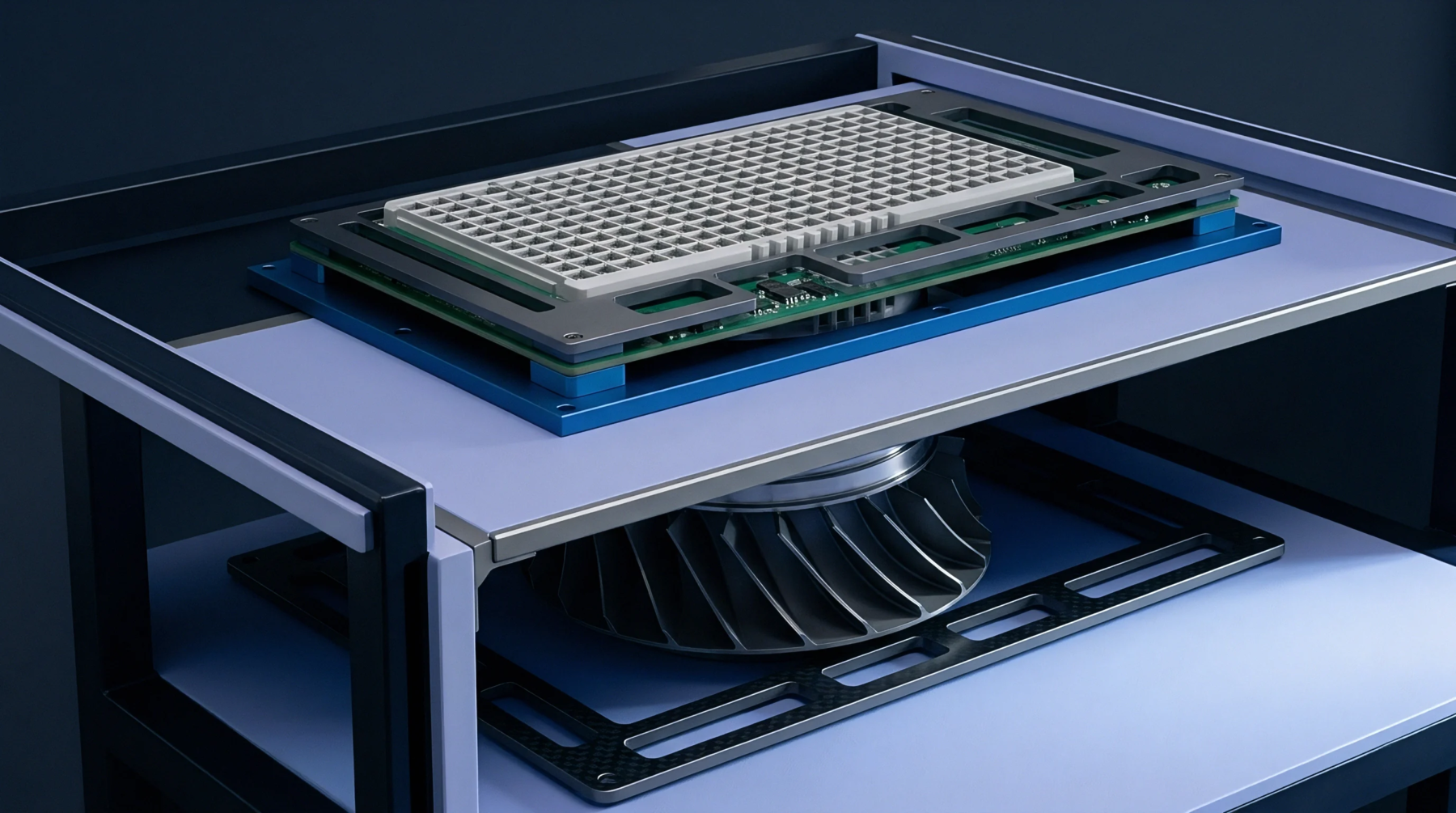 An integrated sensor array occupies a printed circuit board mounted above a cooling fan and metallic support structure in this digital render.