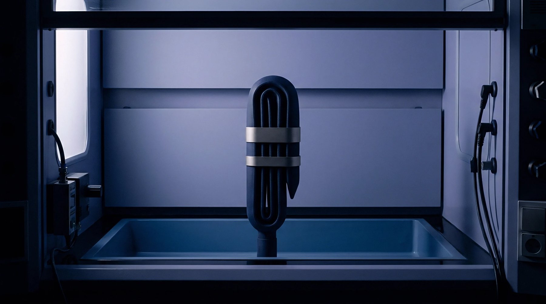 An upright sensor assembly with metal retention bands stands inside a blue tray within a specialized laboratory testing chamber with internal wiring.