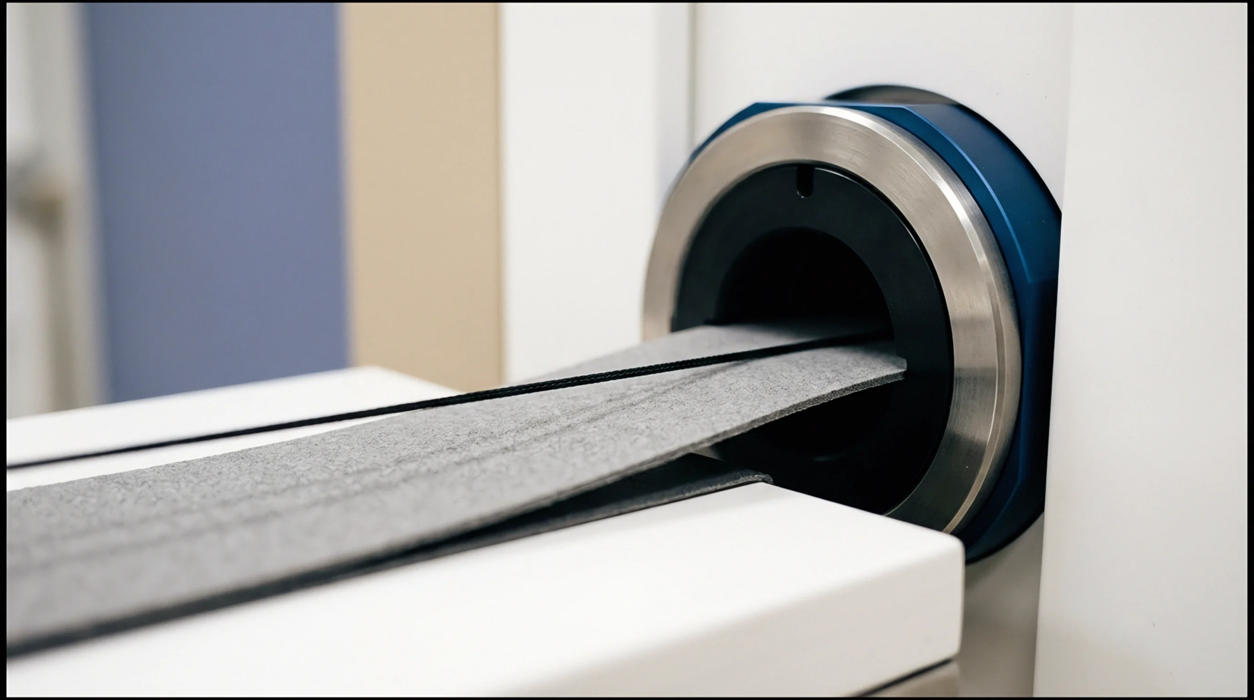 A flat grey textile ribbon and a thin black filament feed together into a cylindrical sensor aperture on a white machine housing.