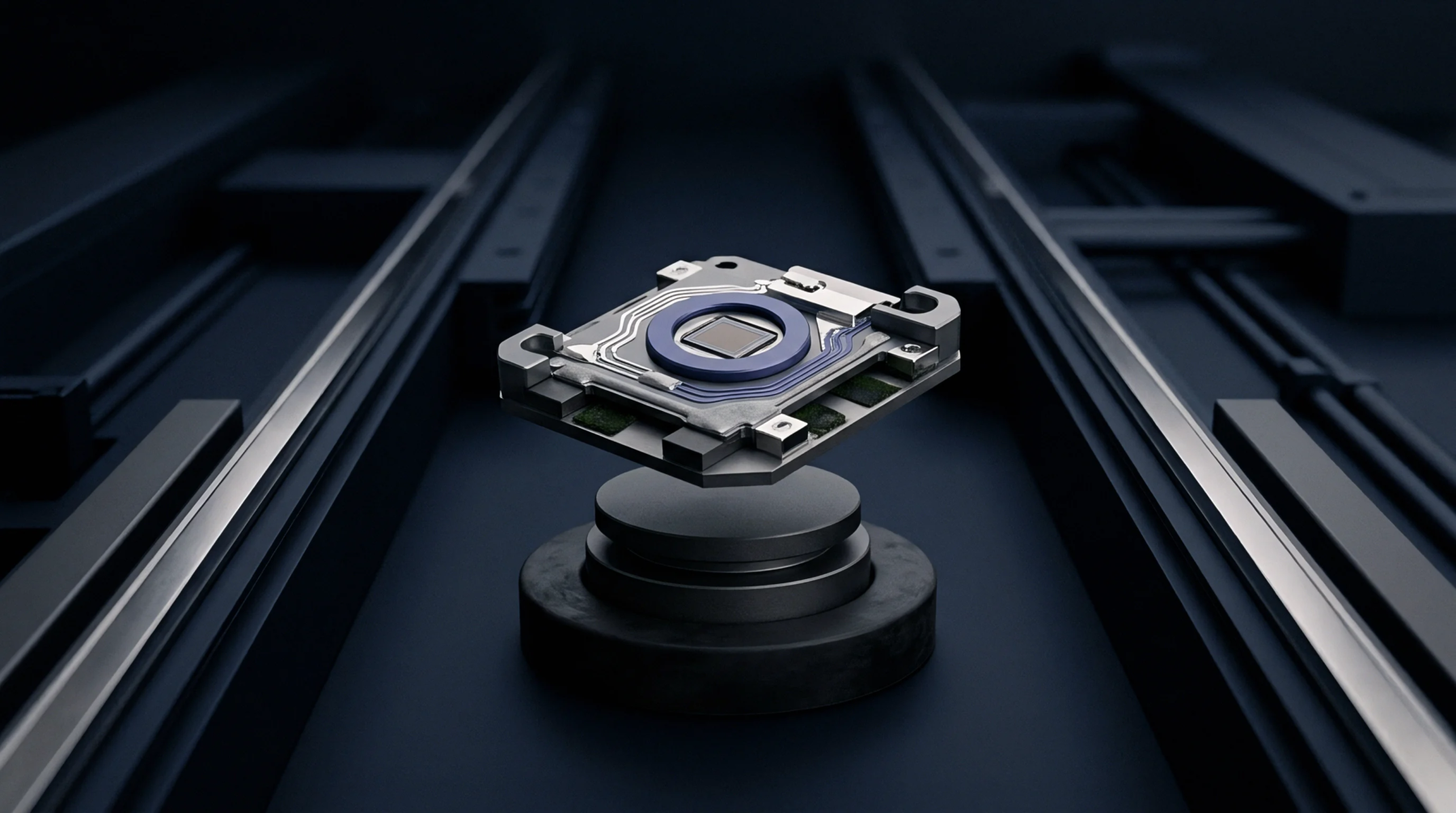 An electronic sensor module featuring a central optical array and blue gasket floats above a dark cylindrical support base along parallel guide rails.