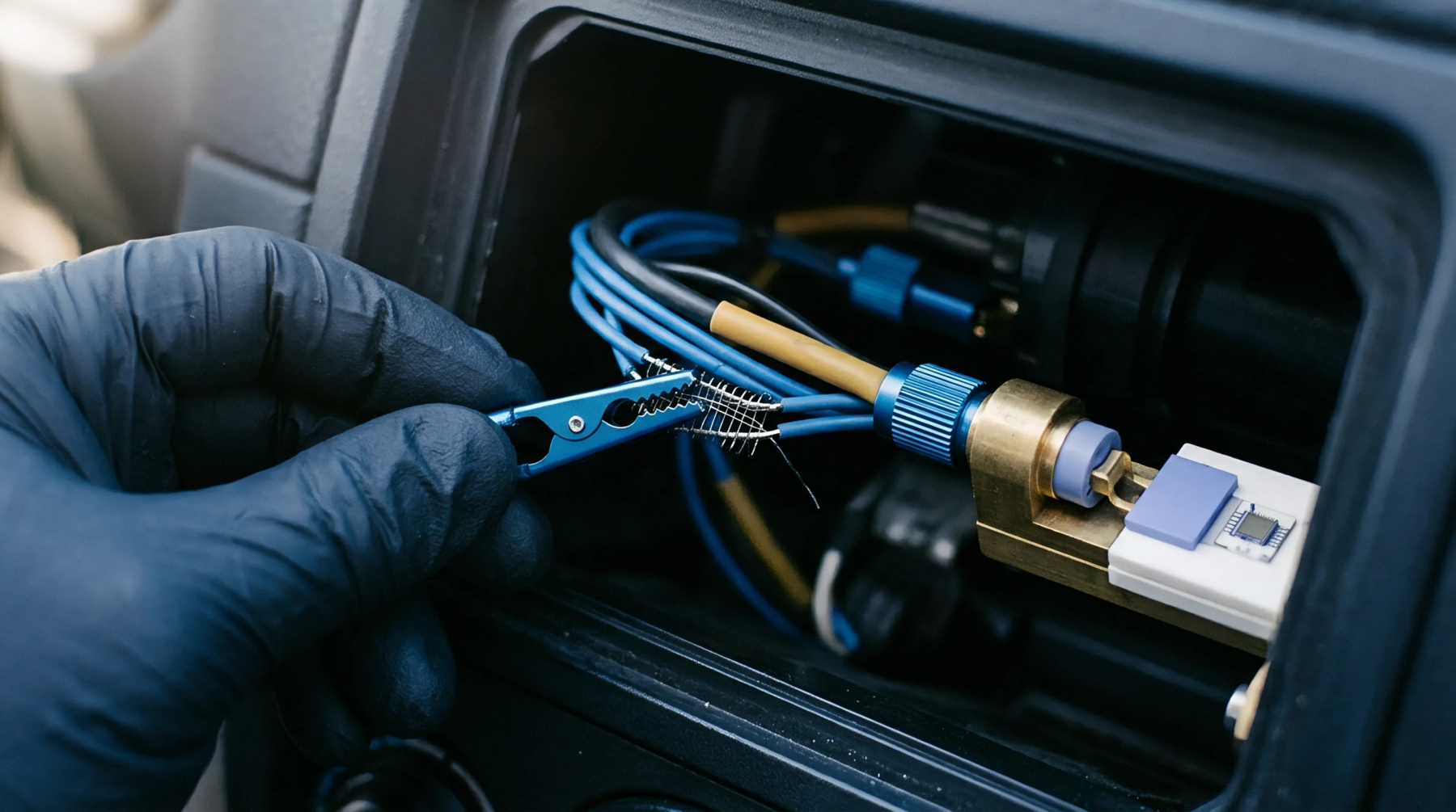 A gloved hand uses a blue alligator clip to access exposed conductive leads from a wiring bundle within a dark component housing.