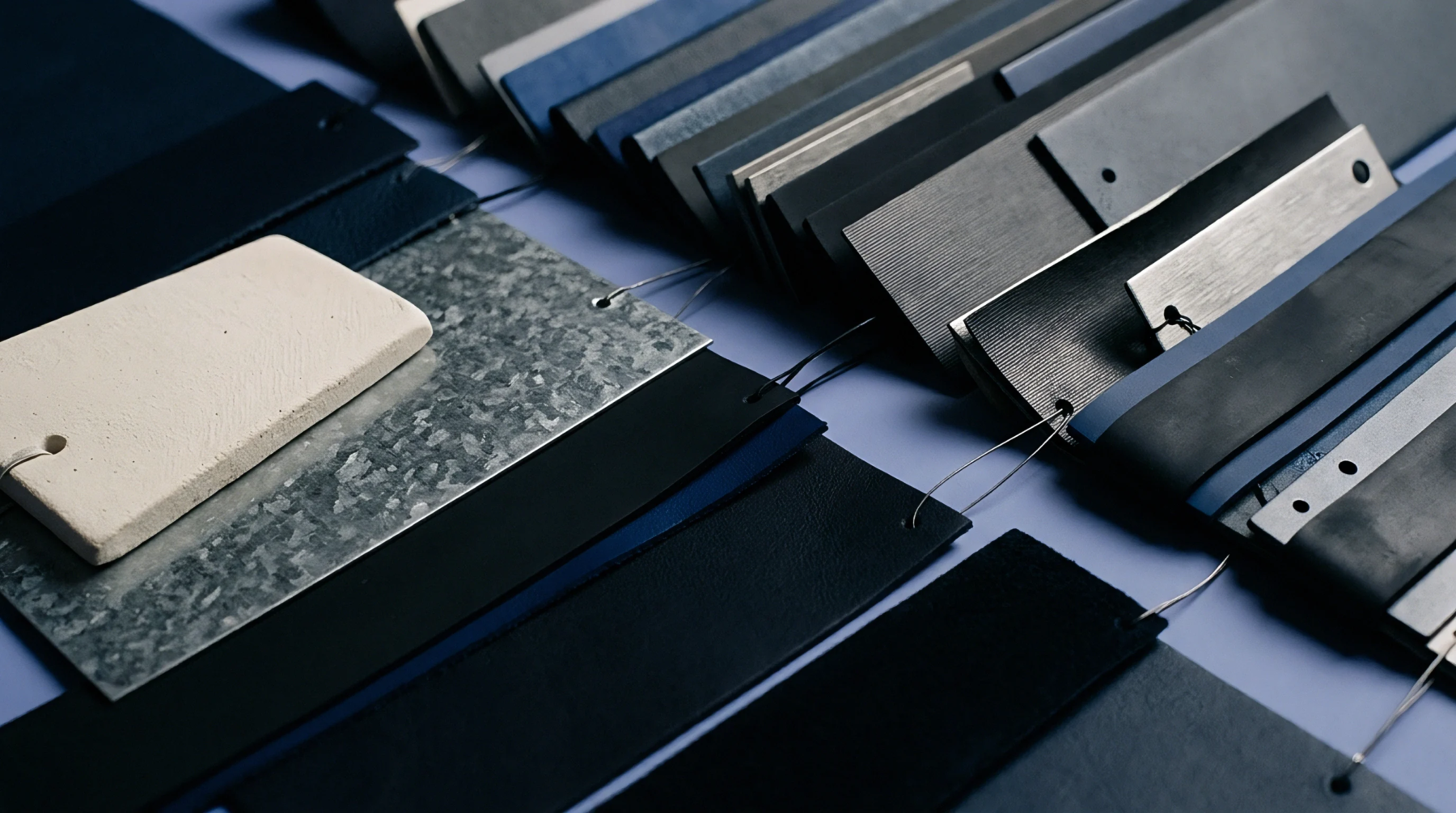 Rectangular material coupons including textured polymers, brushed metals, and elastomers are arranged in overlapping rows on a blue workspace.
