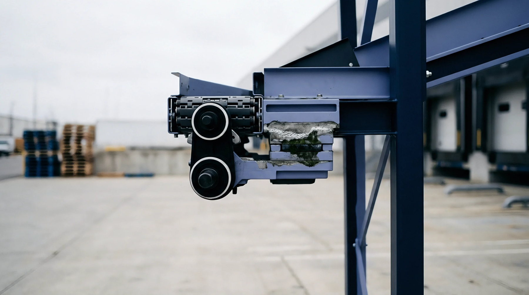 A mechanical conveyor assembly featuring a drive roller mechanism exhibits surface degradation and structural wear on its side mounting bracket.