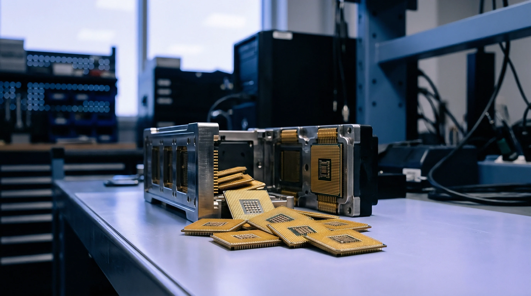 Gold pinned microprocessors and metallic test fixtures rest on a workbench inside a semiconductor assembly and electronics calibration facility.