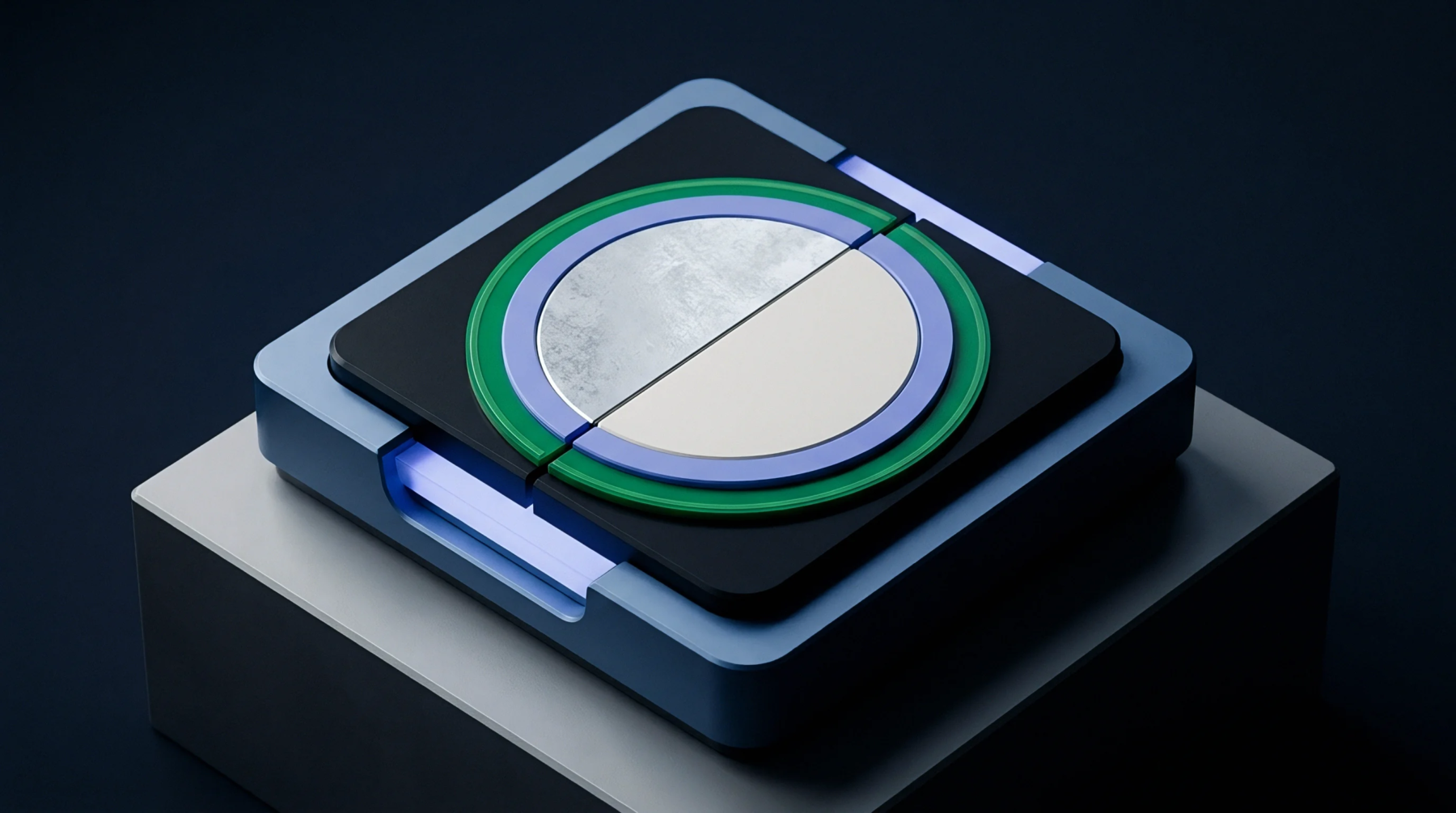 A rendered illustration features a stacked modular electronic component with a central bisectioned sensing surface and illuminated side slots.