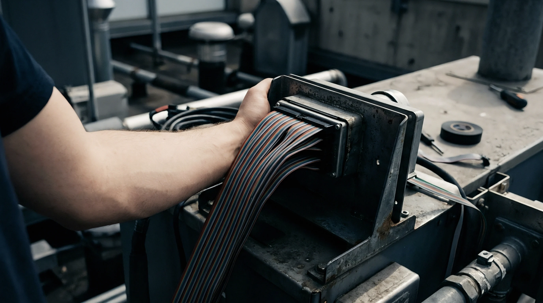 A technician connects a multi conductor ribbon cable assembly into a robust metal interface enclosure situated on an industrial utility platform.