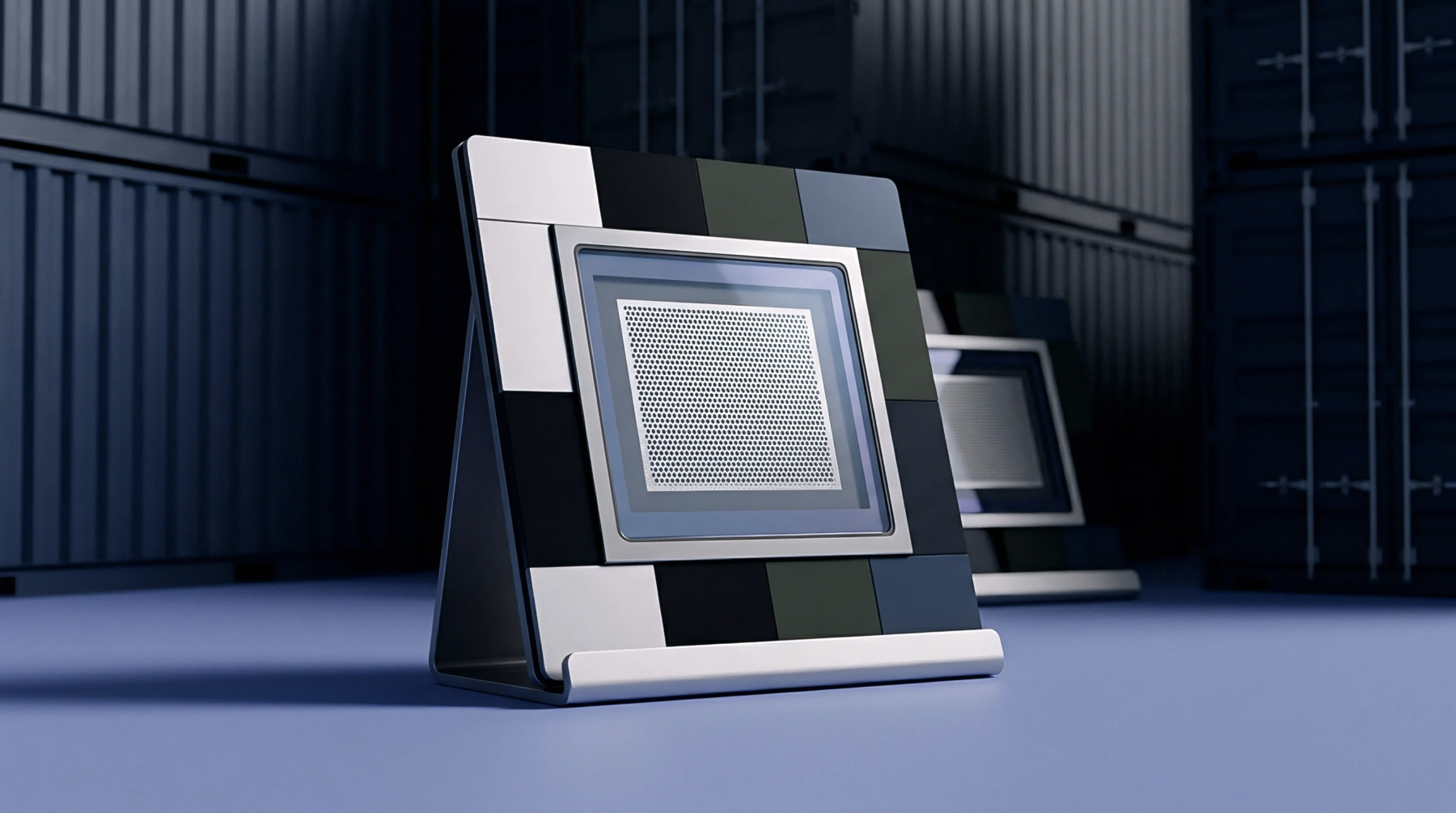 A multispectral camera sensor with a multicolored calibration border rests on an industrial metal stand in a digital illustration.