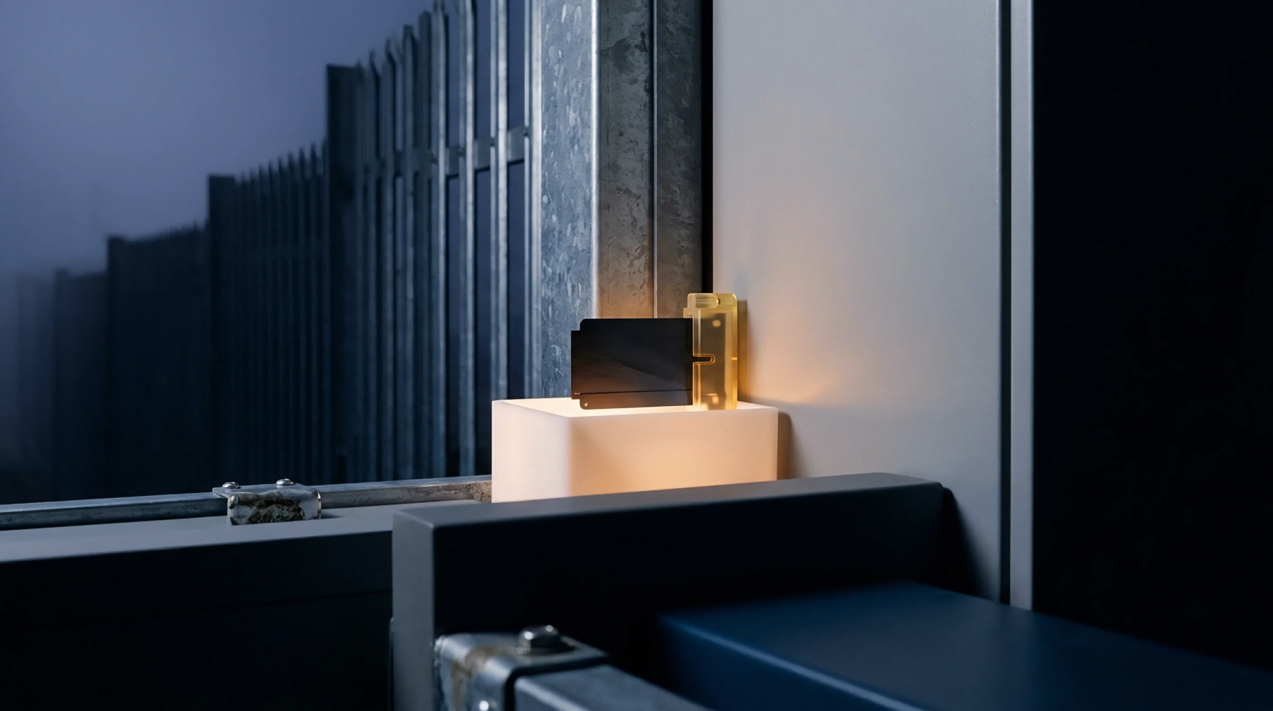 Precision calibration components rest atop an illuminated test enclosure beside a structural window frame overlooking an industrial perimeter.
