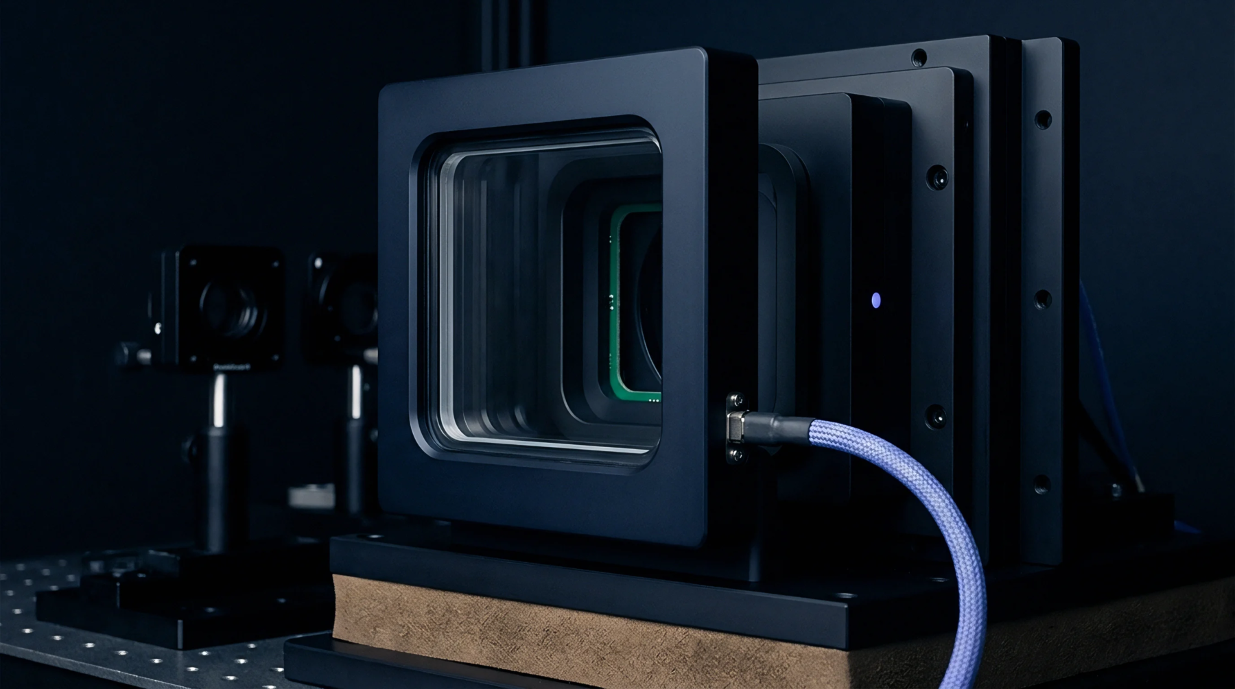 A multi layered black optoelectronic assembly houses an internal rectangular sensor array connected by a blue braided signal transmission cable.