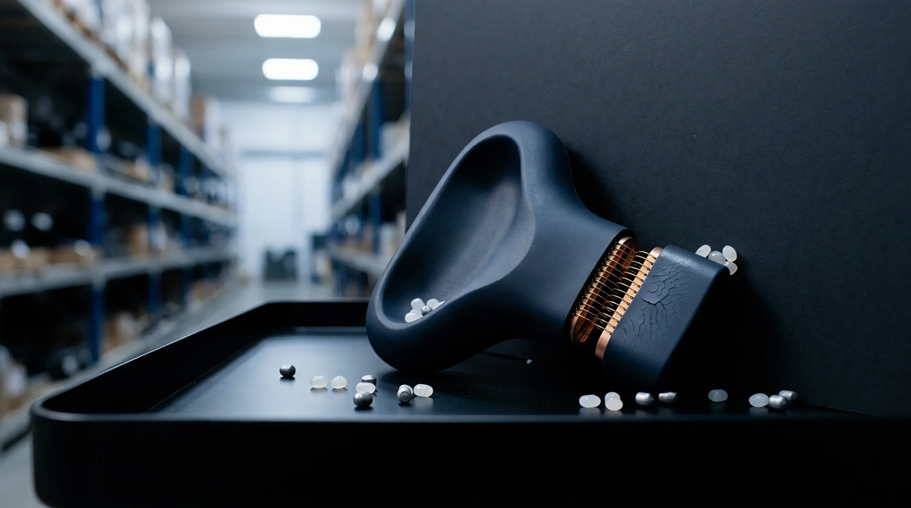 A dark polymer component with exposed metallic contact pins rests on a tray among scattered translucent thermoplastic resin pellets within an industrial warehouse setting.