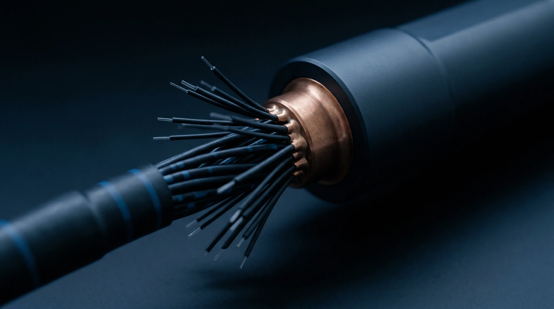 A close-up captures the exposed internal conductors of a specialized cable bundle where numerous wires are stripped and ready for termination.