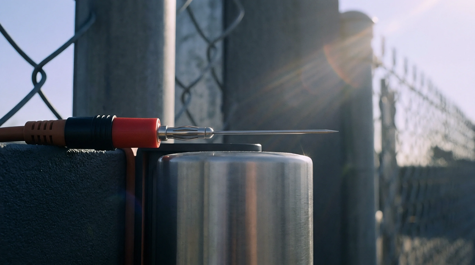 A precision test probe with a needle tip makes electrical contact with a stainless steel cylindrical component against a bright outdoor background.