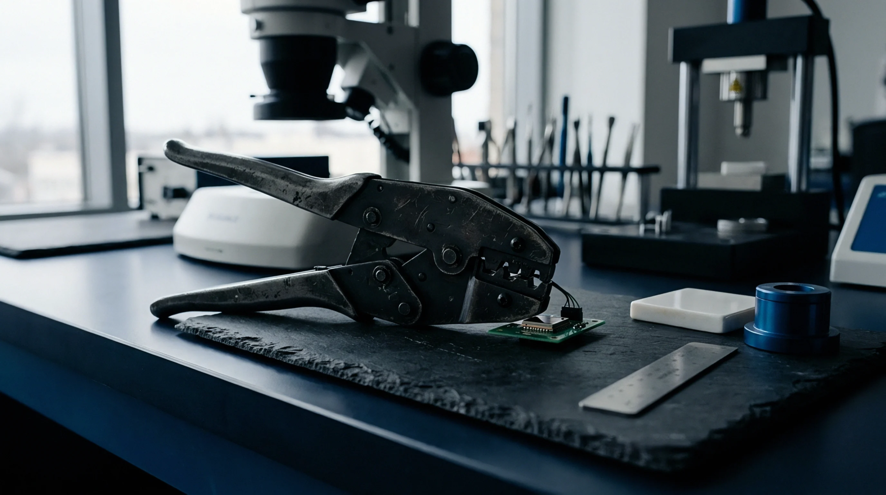 Heavy duty manual crimping pliers secure miniature electronic sensor circuitry upon a dark slate workbench inside a production facility.