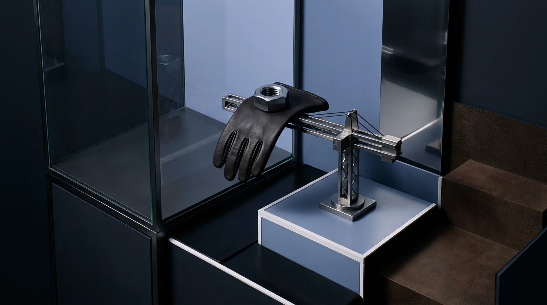 A miniature steel crane model supports a leather glove carrying a metallic hex nut atop a blue calibration pedestal inside a dark studio.