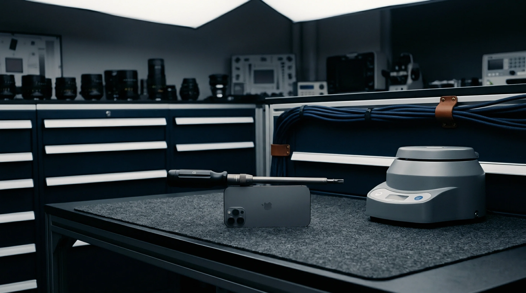 A digital laboratory scale rests beside a handheld calibration tool and a mobile communication device on a dark felt workstation mat.