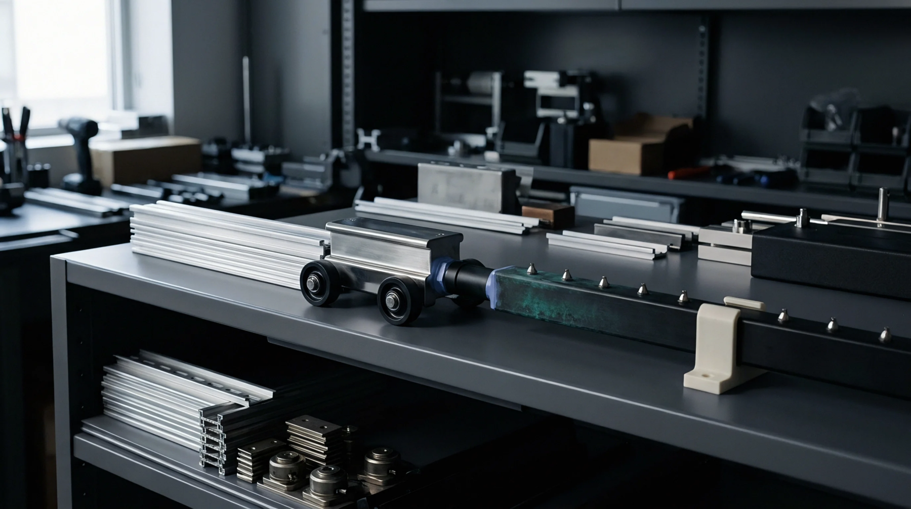 A silver wheeled carriage is positioned on parallel rails connected to a black beam featuring multiple evenly spaced metallic contact pins in a laboratory.