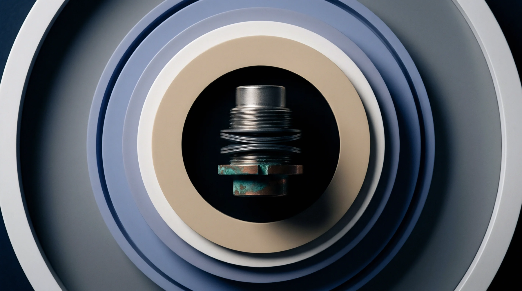 Metallic pressure sensing bellows assembly sits central to concentric rings defining integration levels within industrial measurement architecture.