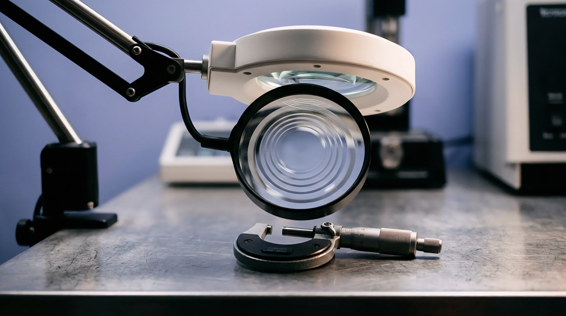 A manual micrometer rests on a metallic workbench beneath a dual magnification lens assembly in a laboratory calibration environment.