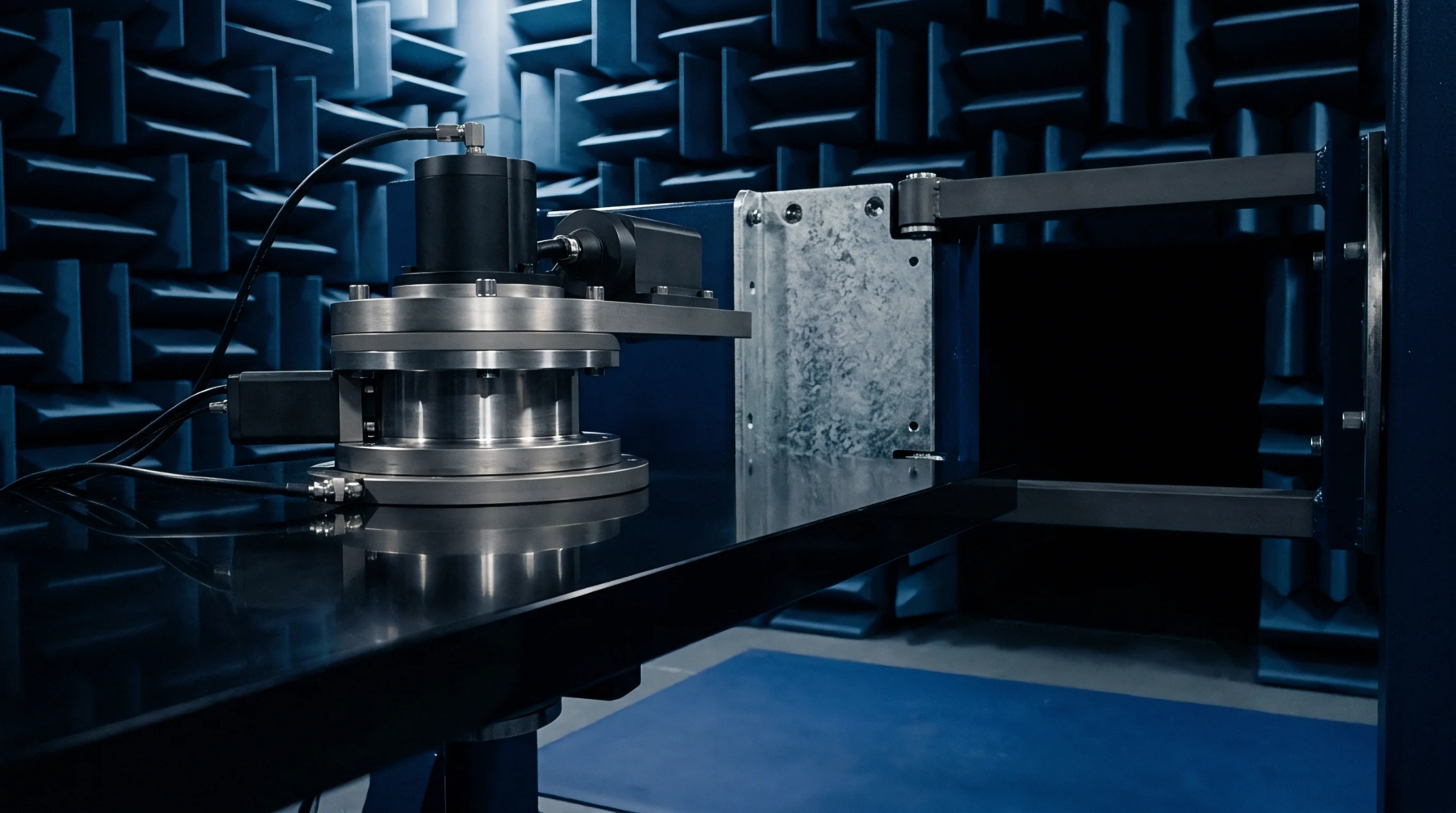 Precision metallic rotary actuator mounted on a dark test table inside an acoustically isolated wedge lined chamber.