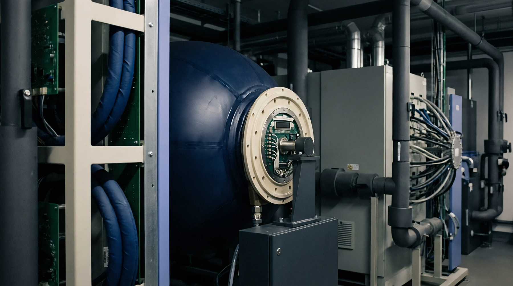 A large blue spherical test vessel features a bolted electronic interface flange mounted within an industrial laboratory environment.