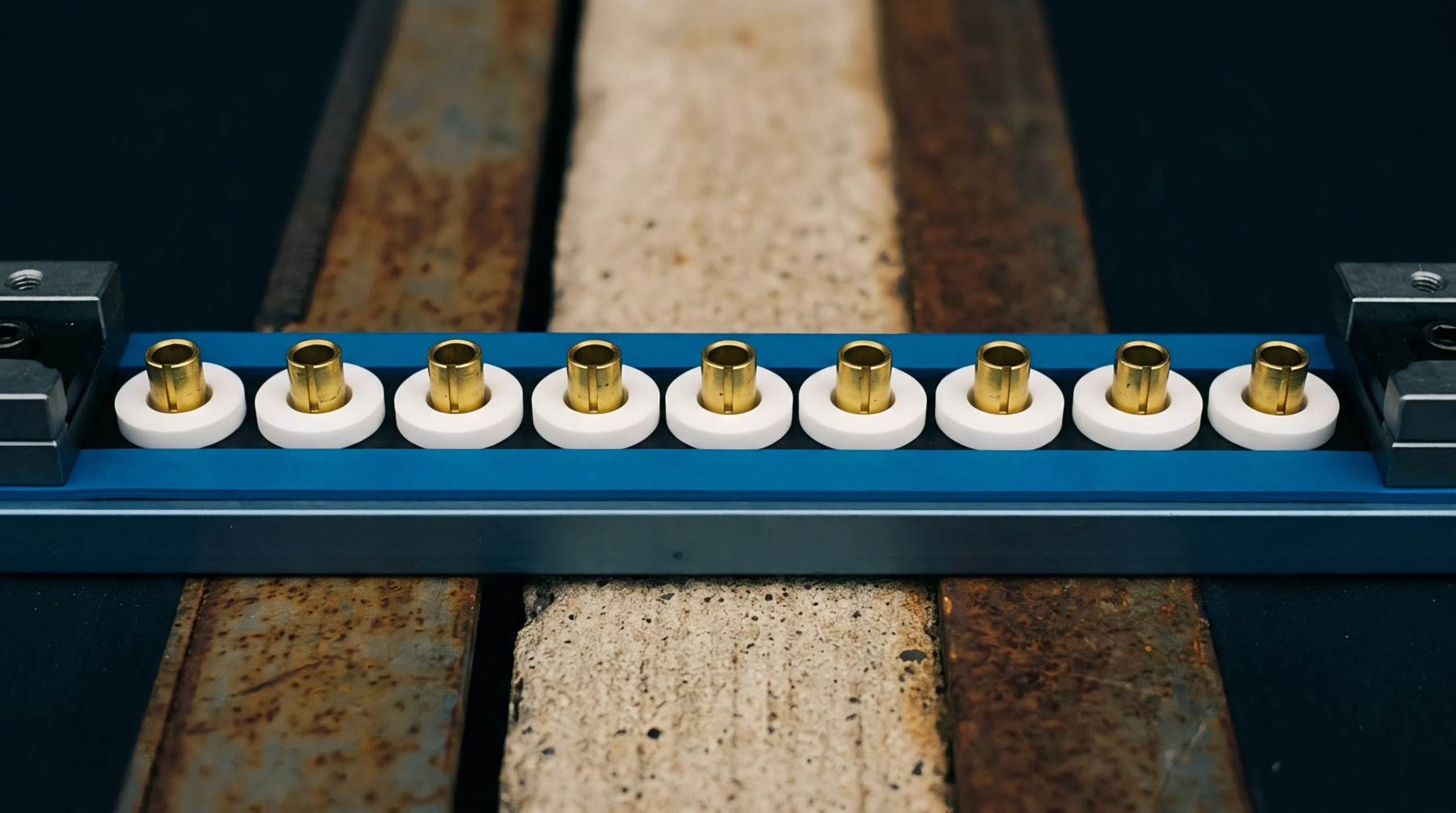 Precision spring contacts secured inside an industrial test module align along a blue anodized aluminum rail fixture.