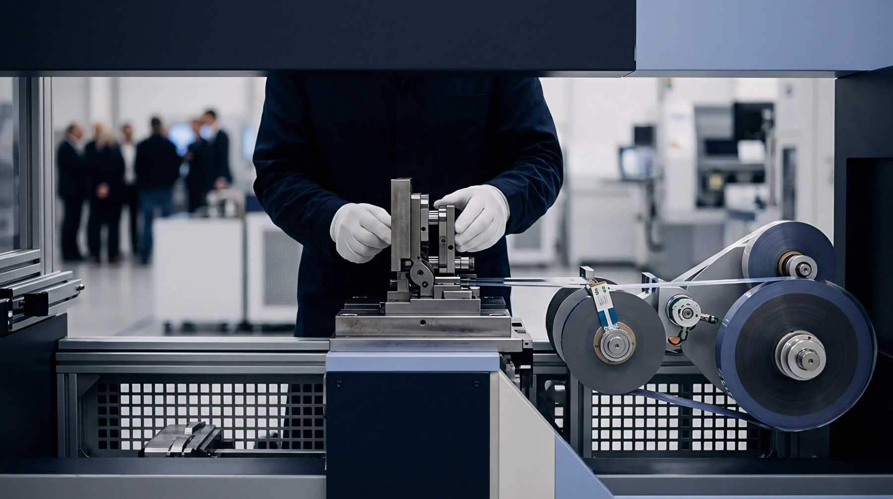 Industrial equipment processes precision thin film material, guided by a gloved technician in a clean manufacturing setting.