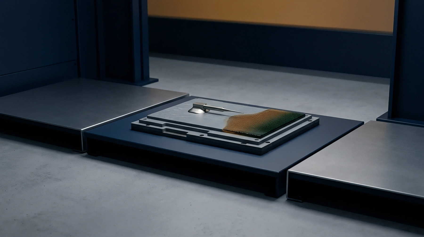 A rendered scene shows a small, sharp metallic component lying on a smooth gray processing platform within a dark blue automated system.