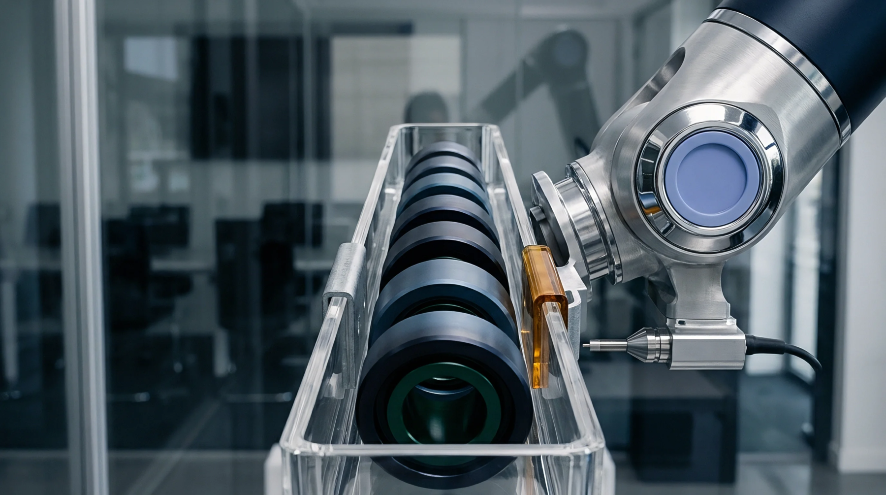 A multi axis robotic arm positions a stylus probe against a series of optical lenses held within a transparent tray.