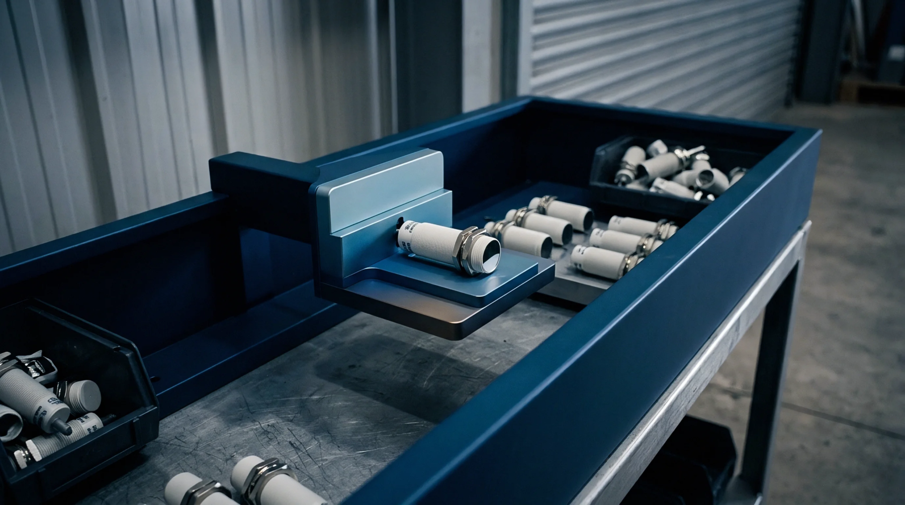 Multiple cylindrical sensing components are precisely arranged on a dark industrial workbench, with one component secured in a specialized metal fixturing device.