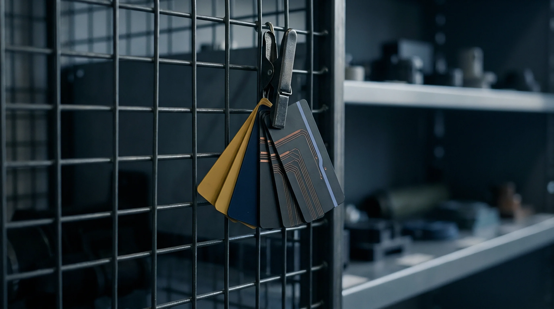 Printed circuit test coupons and calibration sample cards hang from a metal clip secured to a wire mesh storage partition inside a manufacturing facility.