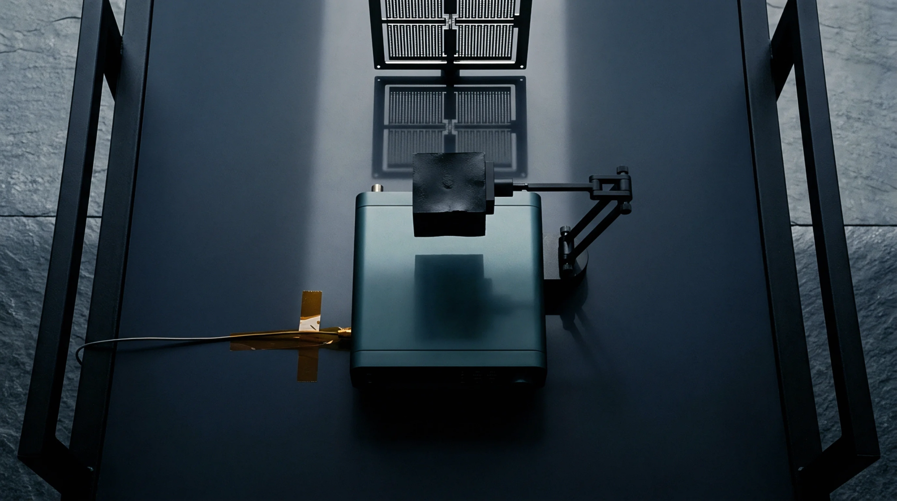 A sensor evaluation assembly features a dark textured planar target suspended via an articulated support arm above a metallic electronic measurement module on a workbench.