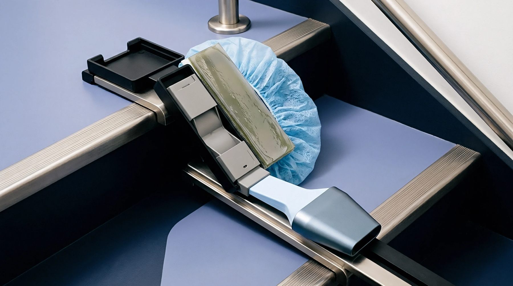 A portable ultrasound transducer, its articulation housing, and coupling gel lie on a blue surface, alongside a sterile bouffant cap.