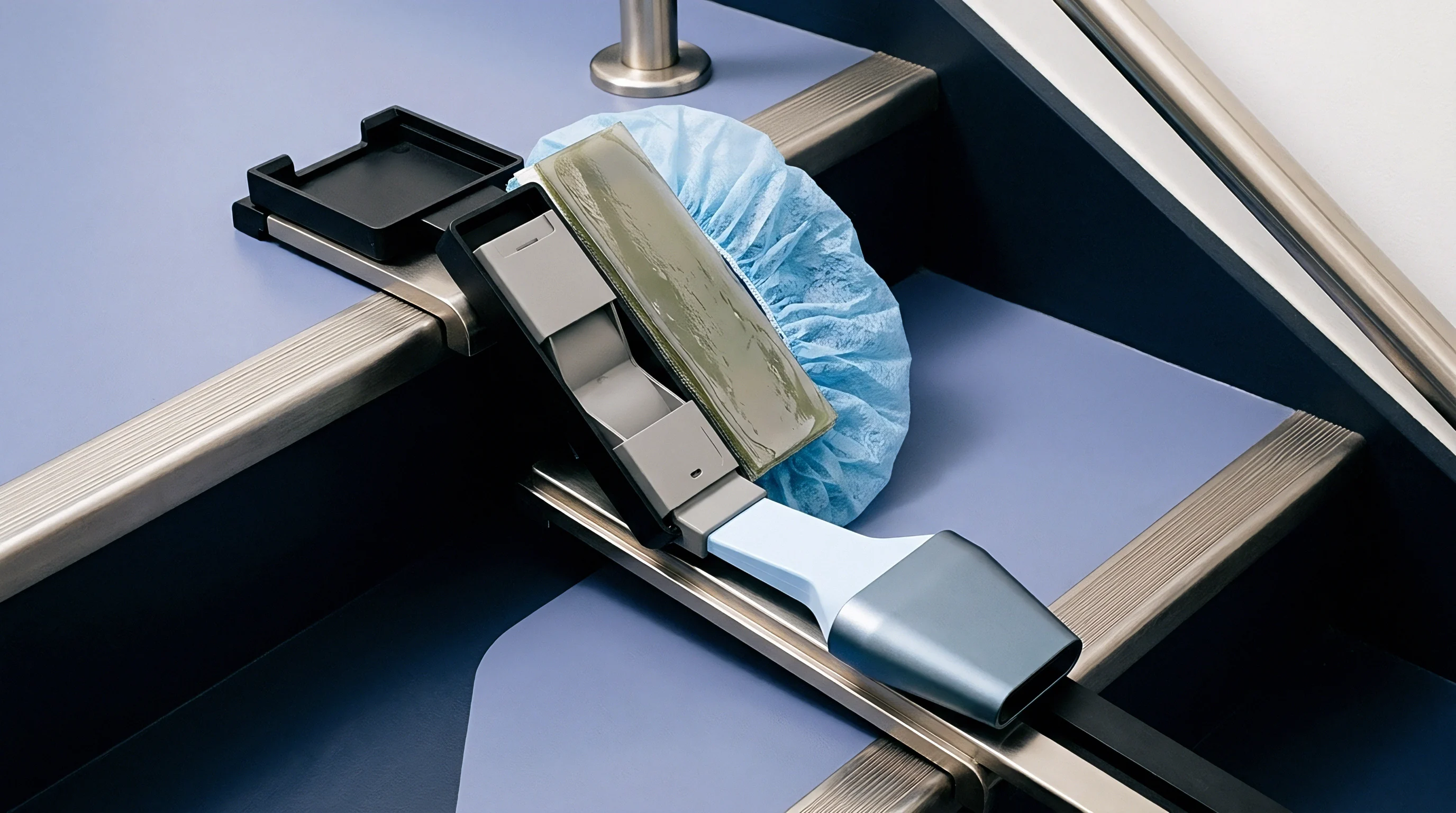 A portable ultrasound transducer, its articulation housing, and coupling gel lie on a blue surface, alongside a sterile bouffant cap.