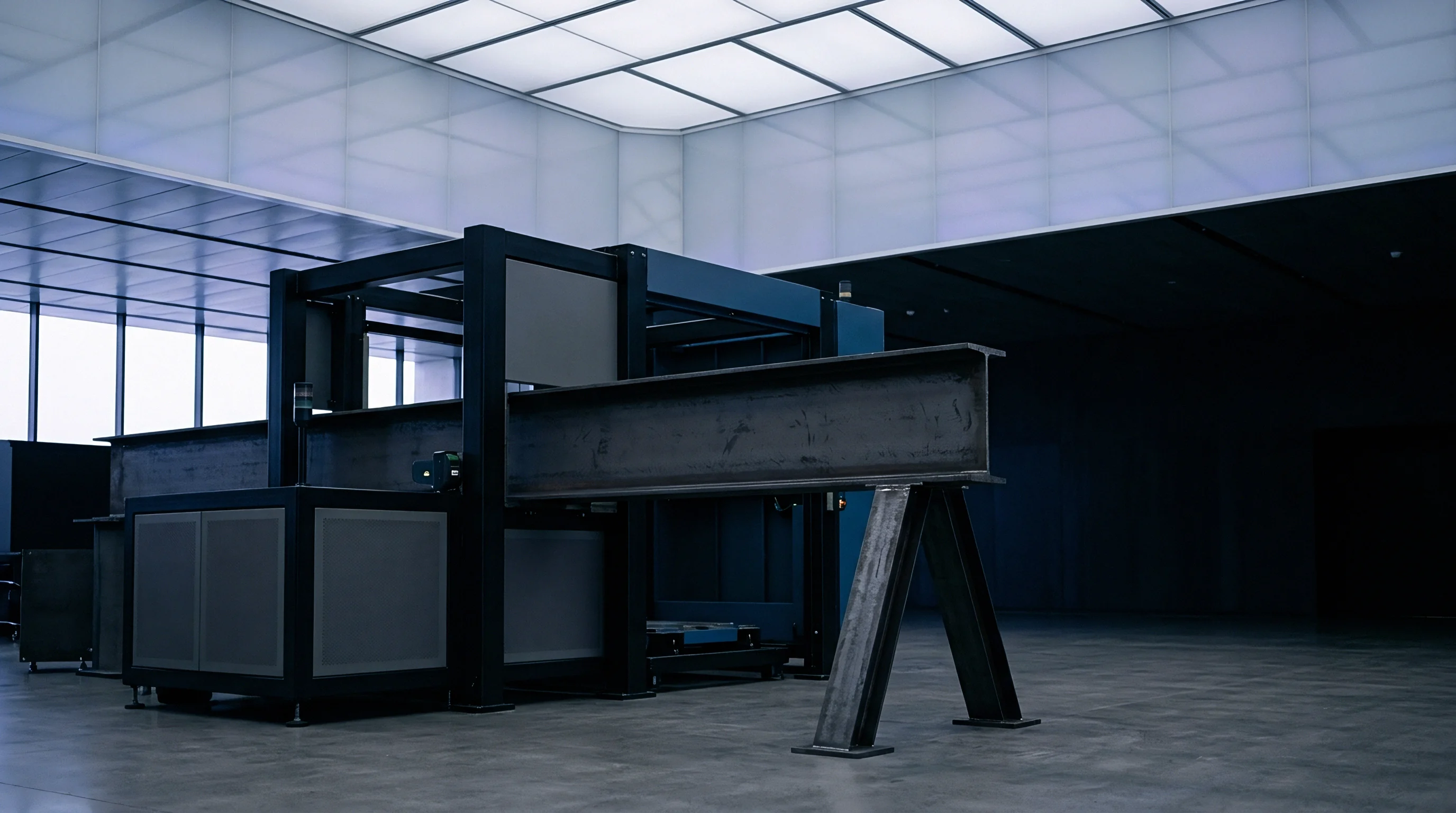 Industrial fabrication equipment processes a large structural steel beam mounted within an automated factory assembly environment for precision manufacturing and structural measurement.