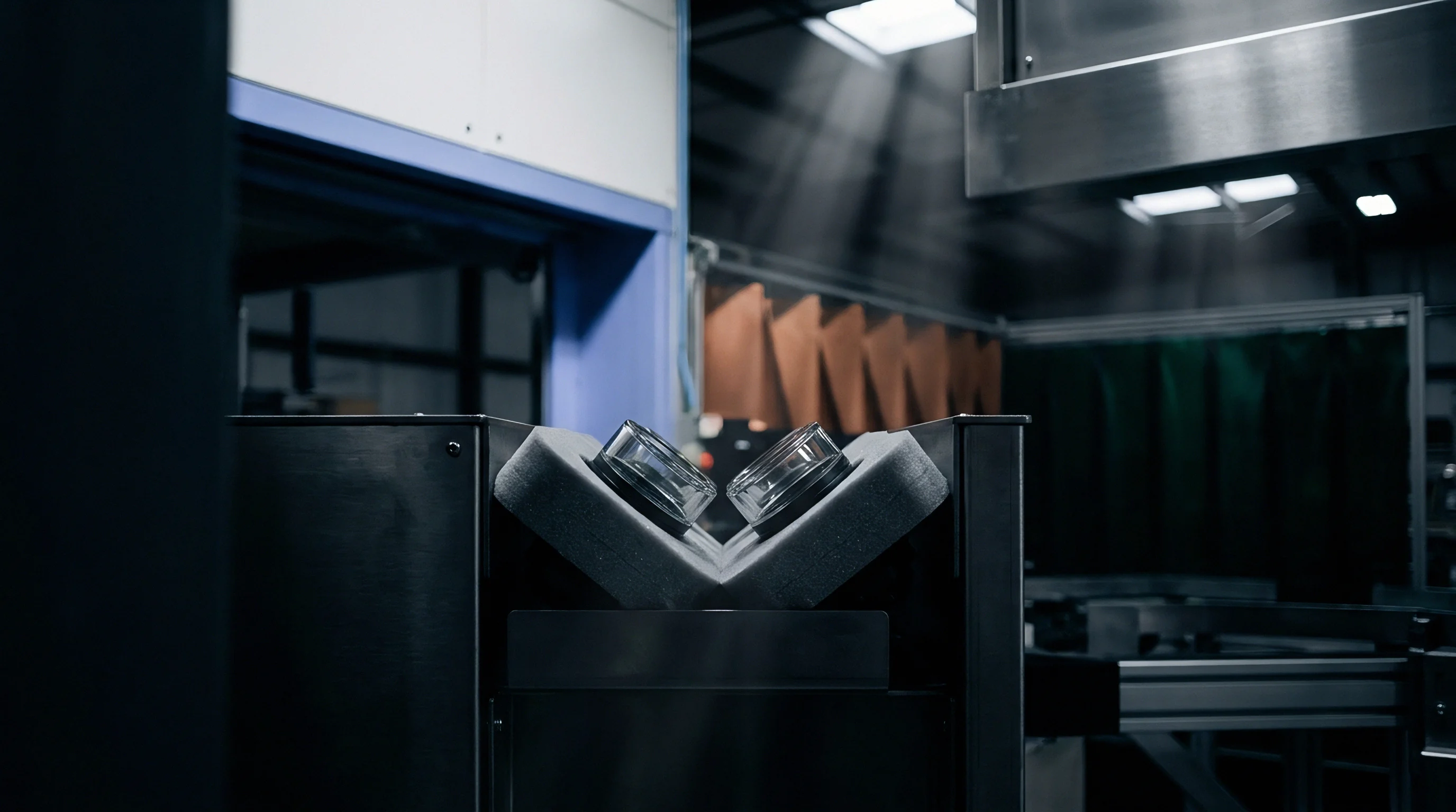 Two transparent glass components are held in a V-shaped foam cradle within an industrial setting, awaiting automated inspection.