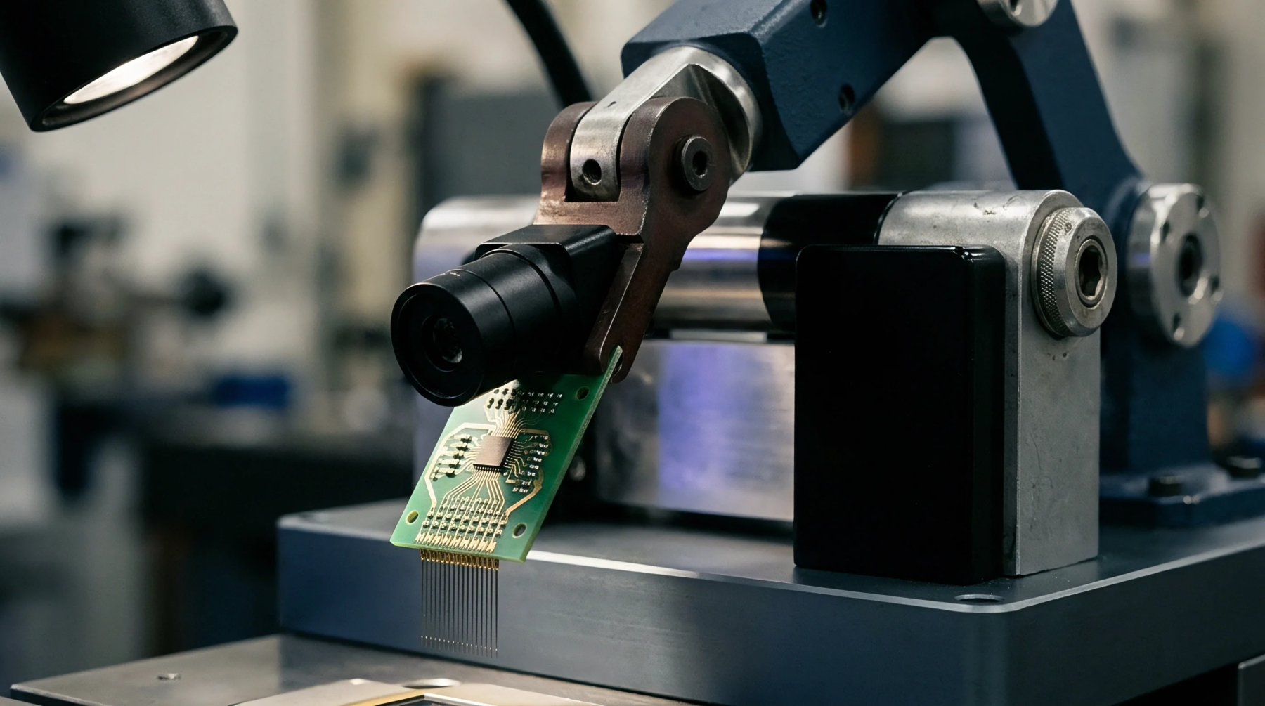 A robotic positioning arm holds a green printed circuit board with delicate pins beneath an optical sensor module inside a manufacturing facility.